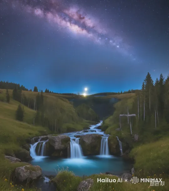 让画面河流流动起来，星空闪耀 by Hailuo AI Video Generator