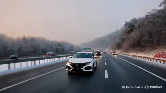 春节假期自驾返乡 一辆白色本田思域行驶在车流适中的高速公路上，天气从白天的风和日丽到下午的冬风凛凛，刮风是天空下起了大雪，道路上肉眼可见的铺着一层薄薄的白雪 by Hailuo AI Video Generator