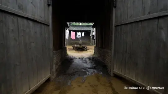 The camera, mounted on a Steadicam, begins tracking smoothly forward along a muddy pathway leading into the heart of a traditional 1920s Chinese farmstead.  The architecture reflects the Manchurian style, with hints of sturdy, functional design.  Ahead, we see period-accurate wooden gates, likely made of rough-hewn planks, slightly weathered and showing signs of age and use.  As the camera pushes in, we begin to glimpse the layout of the courtyard beyond the gates.  To the sides of the pathway, details of the pre-mechanization farming era come into focus.  Large grain storage containers, skillfully woven from reeds, sit on the packed earth.  A wooden water well with a simple bucket and rope mechanism stands nearby, a testament to the daily labor required for even basic necessities.  Laundry, likely made of cotton, hangs on a line strung between two posts, swaying gently in the breeze.  Large, traditional ceramic vats for storing water are visible, their earthy tones blending with the surroundings.  It's crucial that no modern materials like plastic or concrete are visible, reinforcing the historical setting.  The pathway itself is authentically muddy, bearing the deep ruts and impressions left by wooden cart wheels, highlighting the primary mode of transport.  The overall atmosphere subtly conveys the indicators of rural poverty prevalent during the early Republican Era, a sense of hardship etched into the very fabric of the farmstead by Hailuo AI Video Generator