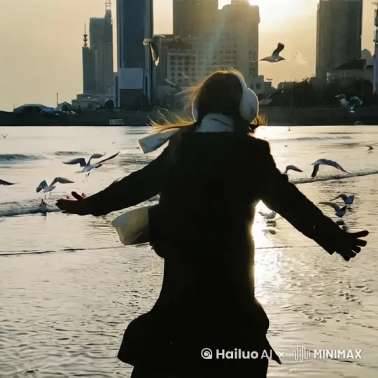 女孩欢快地追着飞翔的海鸥，阳光下，海面熠熠生辉，海边的浪潮一股一股地拍打岸边，远处的建筑仿佛也动了起来 by Hailuo AI Video Generator