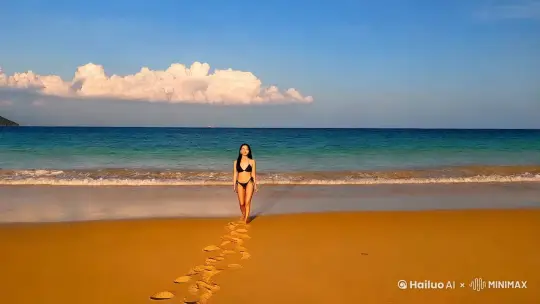 蓝天白云晴空万里，碧海金沙，穿着三点式泳衣的东方女性在沙滩上漫步，留下了一串脚印。 by Hailuo AI Video Generator