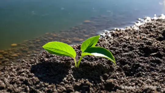 环境：底层是泥土，深灰色，颗粒大小不同的一个泥土层；泥土上覆盖一层透明的水，水在阳光的折射下能看到水中飘动的微生物；事件：一颗植物从泥土层中破图生长，在突破到水层的时候，成长的角度从垂直偏向一侧，曲折的向上，最后突破到水面并逐渐开出三片绿叶；这时，一缕阳光射来，使得绿叶晶莹闪烁。 by Hailuo AI Video Generator