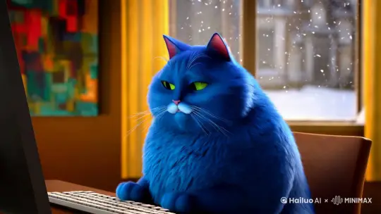 一个非常非常胖的蓝色猫在网上的下雪中说着话 by Hailuo AI Video Generator