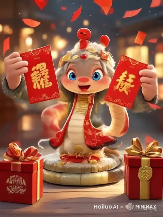 新年之际，那身着盛装的灵蛇，以灵动身姿蜿蜒，修长的蛇信轻吐，双手如蝶舞，从口袋拿出红包向上扬，似繁花绽放在街巷。 by Hailuo AI Video Generator