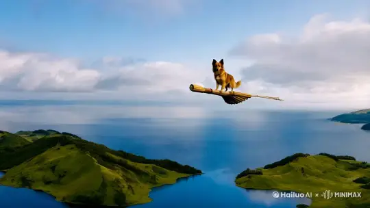 狗狗像哈利波特一样骑着扫帚在天空上飞行。下面是蓝蓝的湖水。湖水边上是一座座青山。天空是蓝蓝的。云朵是白白的。 by Hailuo AI Video Generator