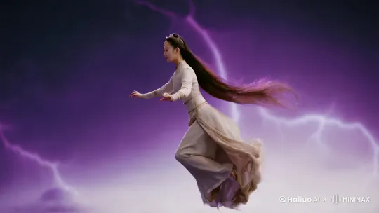 写实风格，嫦娥仙子，身着中国现代装，衣服保守，长发飘逸，在云端快速向前飞行，飞行姿势优美，裙摆飘逸，周围是紫色的闪电和黑暗的天空，气氛神秘而奇幻，姿态动感，不变形，镜头快速跟踪飞行，没有晃动， by Hailuo AI Video Generator