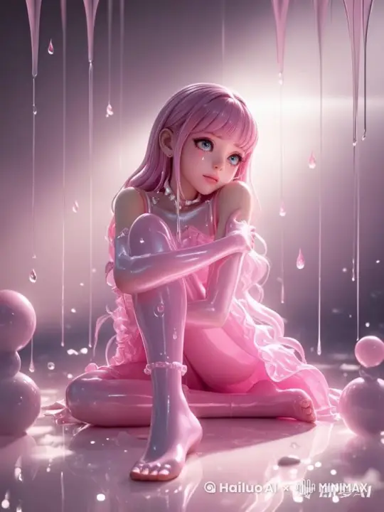 乳白色流体，3d动漫少女慢慢张开双腿，伤心，眼睛流着乳白色眼泪，正面注视观众，动作美丽抚魅，身上流淌着乳白色流体，3d电影风格，极致诱惑，夸张的视角， by Hailuo AI Video Generator