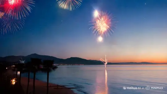 在海边看一场烟花晚会 by Hailuo AI Video Generator