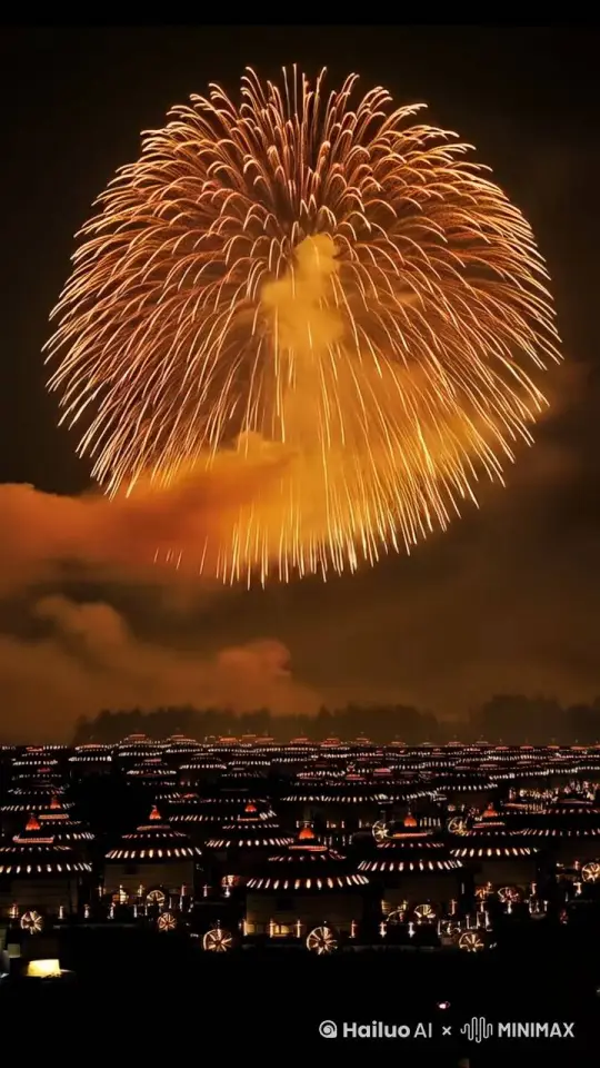 烟火射向天空穿过云层，随后炸开，照亮夜空，万家灯火 by Hailuo AI Video Generator