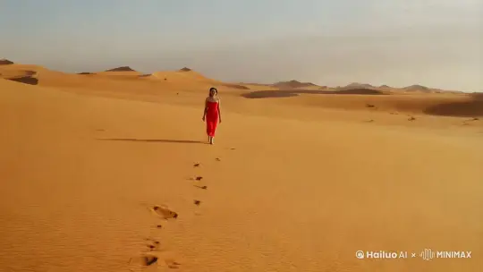 阳光明媚的沙漠中央，一个穿着红色连衣裙的女人正在悠闲的走路，从远景慢慢拉到近景，一直拉到女人的头部，电影的感觉 by Hailuo AI Video Generator
