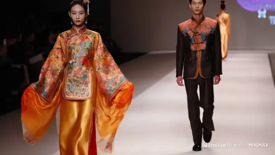 男女生两个模特在T台上走秀，女生穿长袖两件套新中式服装，缎面加刺绣等特点，男士服装配合女生的颜色 by Hailuo AI Video Generator
