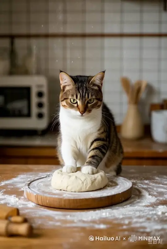 猫的一只爪子在慢慢揉面 by Hailuo AI Video Generator
