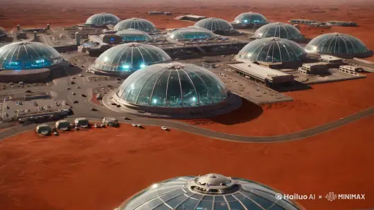 2050中国登陆火星后，一个个巨大的火星城市群和科技基地，建筑群全是巨大的玻璃罩，基地灯火通明，基地车辆在道路上来来回回行进，我们在在飞船上俯瞰这一切。 by Hailuo AI Video Generator