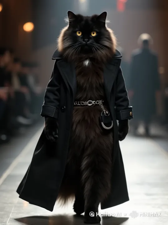 拟人化的猫迈出走秀的步伐，正快速向镜头走来，周围的人群在观看 by Hailuo AI Video Generator