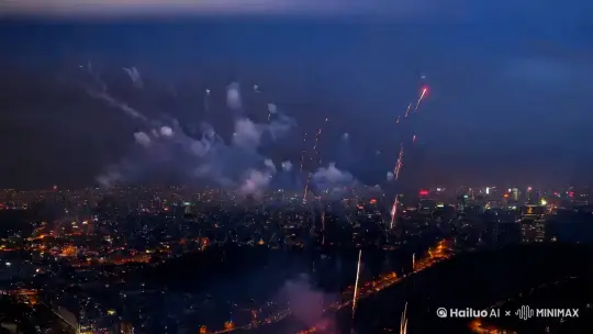 在新年的钟声即将敲响之际，夜幕低垂，城市的天际线被一片璀璨的烟花所点亮。烟花如同绚烂的流星雨，从天而降，划破夜空的宁静。它们以五彩斑斓的色彩，绽放出一朵朵绚烂的花朵，有的像盛开的牡丹，娇艳欲滴；有的像绽放的菊花，清新脱俗；还有的像盛开的玫瑰，热烈奔放。 by Hailuo AI Video Generator