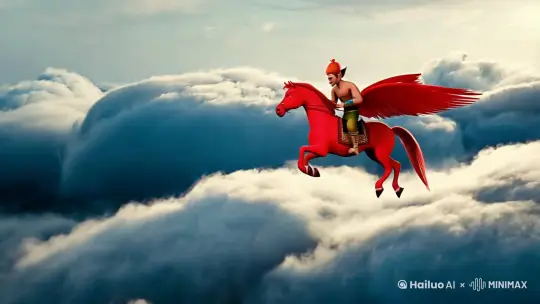 悟空在云顶骑着红色的有翅膀的马。镜头由远及近 by Hailuo AI Video Generator