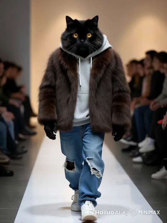拟人化的猫迈出走秀的步伐，正快速向镜头走来，周围的人群在观鼓掌 by Hailuo AI Video Generator