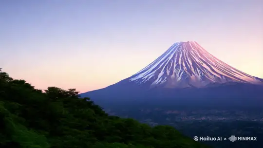 镜头远景，背景是富士山，富士山的山顶有雪，山下有很多树木。富士山后面有一个皮卡丘，比富士山还高。在玩富士山顶的雪，用手捧着，往上扔。雪洒在它的头顶，它玩的很开心 by Hailuo AI Video Generator