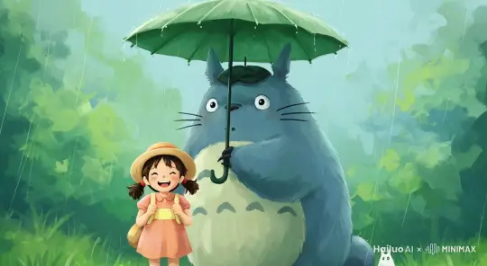 下雨天，龙猫给小女孩撑伞 by Hailuo AI Video Generator