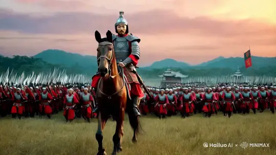 唐朝大将军骑着马带领着千军万马陌刀队，浩浩荡荡杀向敌营。 by Hailuo AI Video Generator