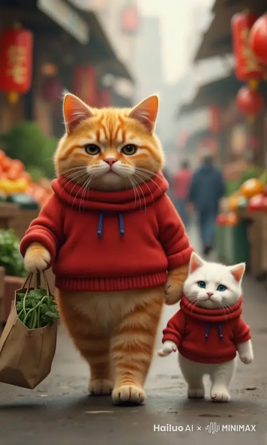 橘猫转身拿菜放进袋子，小猫摇着尾巴看着 by Hailuo AI Video Generator