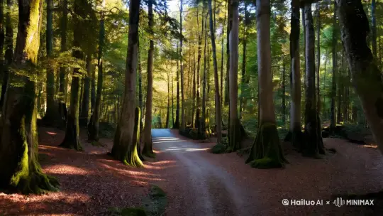 镜头 1：森林入口
景别：全景
光线：清晨柔和的阳光透过树叶的缝隙洒下，形成斑驳的光影
视角：平视角
构图：对称构图，森林入口的道路位于画面中央，两旁是高大茂密的树木
运镜：推镜头，由远及近展现森林入口的神秘
画面描述：在一片静谧的森林入口，古老的树木高大参天，粗壮的树干上爬满了青苔。阳光透过树叶的缝隙，照亮了地面上厚厚的落叶，仿佛铺就了一层金色的地毯。一条蜿蜒的小路通向森林深处，充满了未知的诱惑。 by Hailuo AI Video Generator