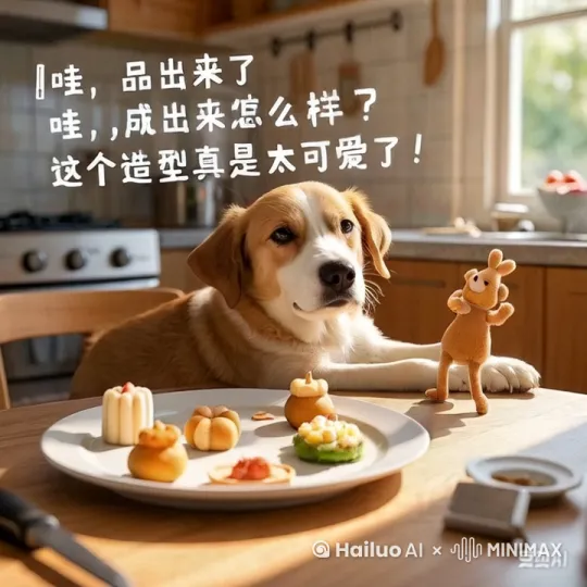 |镜号|景别|画面|台词|时长|音乐/音效|拍摄地点|
|---|---|---|---|---|---|---|
|1|全景|整洁的厨房，各种炊具、食材摆放整齐，狗狗坐在厨房门口，好奇地往里张望。|旁白：“今天，有一位特别的小嘉宾要闯进厨房，准备大显身手。”|5s|轻松欢快的厨房主题背景音乐，夹杂着轻微的厨房环境音效，如冰箱嗡嗡声|家中厨房门口|
|2|中景|狗狗站起身，兴奋地摇着尾巴，小步跑进厨房，跳上特制的矮脚凳，面前是操作台面。|旁白：“看，我们勇敢的狗狗已经准备好开启烹饪之旅啦。”|6s|欢快的背景音乐，狗狗的脚步声，跳上凳子的轻微碰撞声|厨房内|
|3|特写|狗狗面前放着一碗面粉，它用爪子轻轻拨弄，面粉扬起一点。|旁白：“首先，要和面粉来个亲密接触。”|5s|背景音乐，爪子拨弄面粉的沙沙声|厨房操作台前|
|4|中景|狗狗用嘴叼起旁边的小量杯，往面粉里加水，水倒得有点急，溅出一些。|旁白：“哎呀，水加得有点急，不过没关系，这才是有趣的开始。”|7s|背景音乐，水倒入面粉的声音，溅水音效|厨房操作台前|
|5|近景|狗狗放下量杯，开始用爪子疯狂搅拌面粉和水，面团逐渐成型，到处沾满面粉。|旁白：“看这搅拌的架势，狗狗简直是专业的。”|8s|背景音乐，爪子搅拌面团的噗噗声|厨房操作台前|
|6|特写|狗狗将成型的面团用爪子拍扁，歪着头似乎在思考形状。|旁白：“面团初步成型，接下来要设计造型啦。”|5s|背景音乐|厨房操作台前|
|7|中景|狗狗叼起一把小模具，在面团上按压出各种可爱形状，如骨头、星星。|旁白：“哇哦，可爱的造型出现了，是不是超级萌？”|8s|背景音乐，模具按压面团声|厨房操作台前|
|8|特写|狗狗用爪子将做好的面饼小心翼翼地放在烤盘上。|旁白：“面饼摆放整齐，准备进烤箱咯。”|6s|背景音乐，面饼放烤盘的声音|厨房操作台前|
|9|中景|狗狗费力地将烤盘推进烤箱，然后按下烤箱开关。|旁白：“烤箱启动，静静等待美味诞生。”|7s|背景音乐，烤箱关门声、启动运转声|烤箱前|
|10|特写|烤箱中，面饼逐渐变得金黄，香气弥漫。|旁白：“看这色泽，香气都要溢出屏幕啦。”|6s|背景音乐，烤箱内轻微的烤制声音|烤箱前|
|11|中景|烤箱时间到，狗狗打开烤箱，热气扑面而来，它叼出烤盘放在一旁冷却。|旁白：“美味新鲜出炉，等待稍稍冷却。”|7s|背景音乐，烤箱开门声，热气散发音效|烤箱前|
|12|全景|狗狗将烤好的点心放在盘子里，端到镜头前，开心地摇着尾巴。|旁白：“大功告成！狗狗特制小点心，是不是超诱人？”|8s|欢快的背景音乐达到高潮，狗狗摇尾巴的声音|厨房餐桌前|
 by Hailuo AI Video Generator