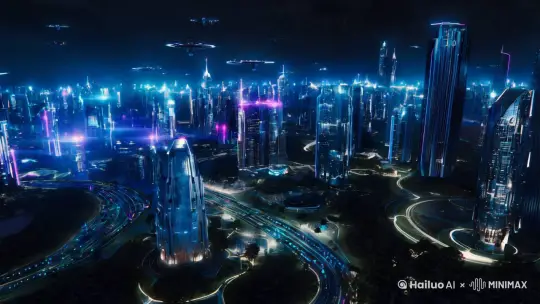 主体： 未来都市夜景
视角： 鸟瞰视角，高楼林立
距离： 远景
情绪： 神秘、冷峻
细节： 霓虹灯闪烁，无人机穿梭，空中悬浮车流，摩天大楼的金属质感
光线： 蓝紫色调，冷光源，强烈对比
风格： 赛博朋克，数字艺术，高饱和度
 by Hailuo AI Video Generator