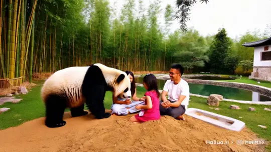 熊猫和人类一家四口人在庭院里玩耍，庭院内有竹子水池和沙坑，一家四口人和熊猫高兴的玩耍。 by Hailuo AI Video Generator