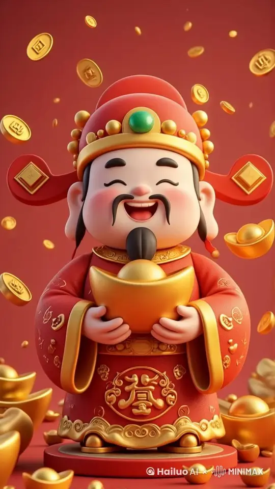 主体人物抱着金元宝开心的大笑，动作跟着笑产生身体的浮动，金币从空中降落到地面 by Hailuo AI Video Generator