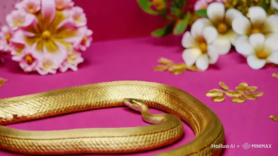 A cute snake is decorated with gold foil around its scales and body, with gold foil lines and pink and gold flowers, a bright pink
background, white and gold flowers, gold foil lines, elegant Chinese calligraphy style, ink wash style --v 6.1 by Hailuo AI Video Generator