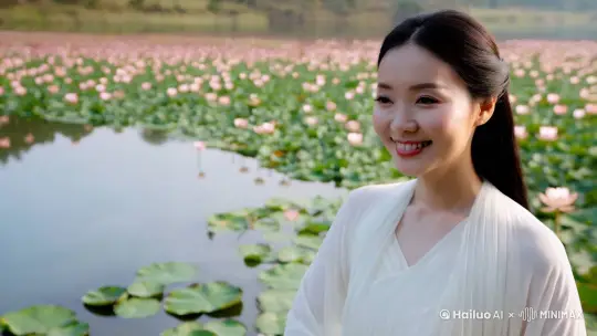 一个美丽的中国美女，瓜子脸，眼神柔和，正对着镜头微笑，笑靥如花。穿着白色的裙子，背后是一片大湖，荷花盛开。 by Hailuo AI Video Generator