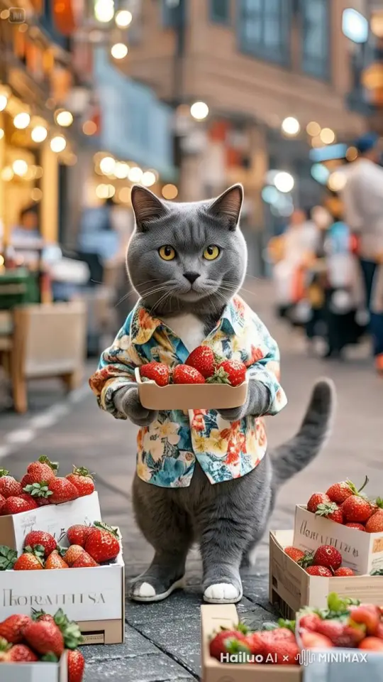 猫咪卖力地行人推销手里草莓 by Hailuo AI Video Generator