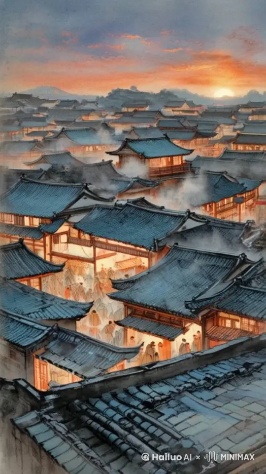 朝阳初照、千家万户、屋顶瓦片、阳光洒落、希望曙光、生机勃勃， by Hailuo AI Video Generator