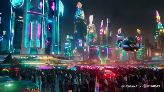 In a futuristic city full of a sense of the future, an extremely technological robot nimbly shuttles among them, and various facilities of the city show a high degree of fluidity. The picture is as innovative and shocking as in Zhang Yimou's movies, full of cinematic texture. by Hailuo AI Video Generator