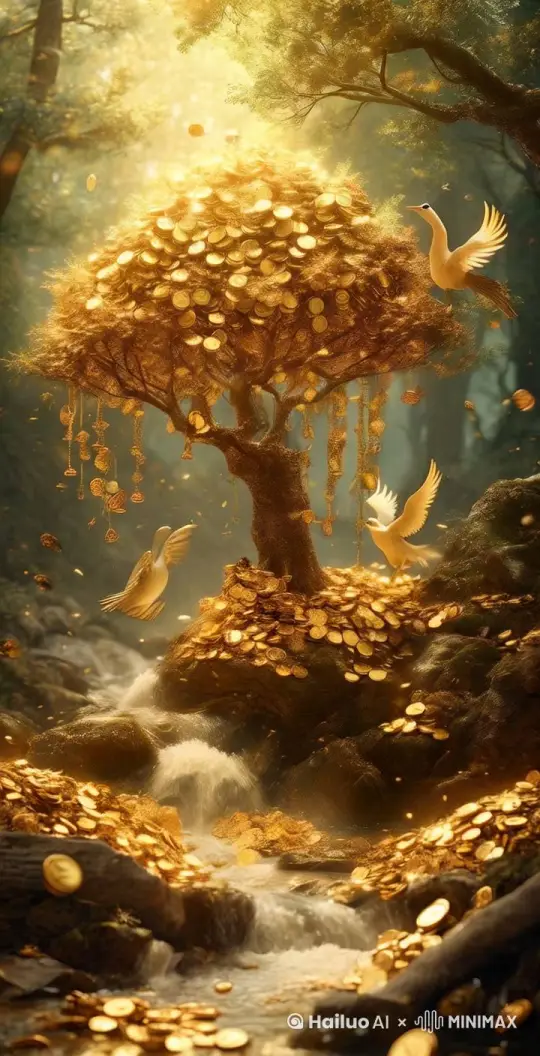 很多很多金币从树上掉落，哗啦啦地落下来，铺满地面，闪闪的阳光照着，鸟儿在飞，小溪流水，极致细致，清晰自然，不模糊，高质量，超高清，没有瑕疵。 by Hailuo AI Video Generator