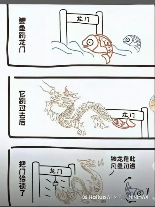 在河流中，有许多小鲤鱼都在尝试着跳过龙门，当有一条鲤鱼跳过龙门变成真龙后，它却把龙门给锁住了，大叫着”神龙在此，凡鱼勿进 by Hailuo AI Video Generator