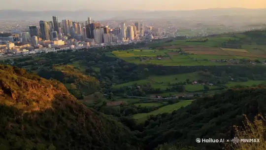 中间城市，外围农村，从山谷看 by Hailuo AI Video Generator