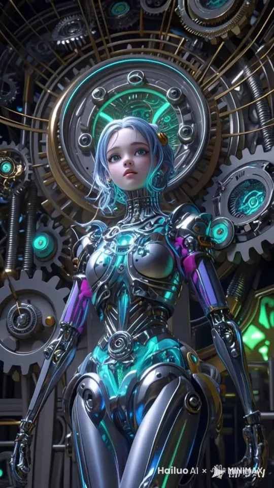 3d动漫，机械少女舒展身体，机械动作，美丽抚魅，身后机械转动，金色雷光闪烁，紫色流边溅射，极致唯美，夸张的视角， by Hailuo AI Video Generator