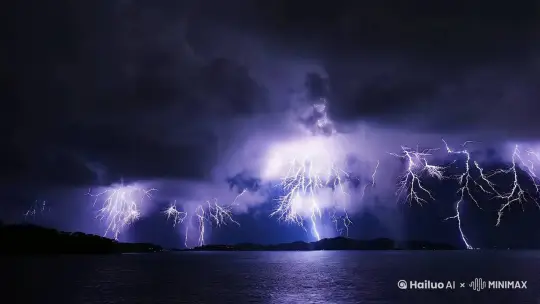 - 天空中，雷电如银蛇狂舞，在乌云的舞台上肆意挥洒，每一道闪电都像是大自然挥舞的巨剑，带着划破苍穹的力量。
- 那一瞬间，天空被撕裂，雷电的光芒如同天神发怒，照亮了整个天地，其壮观程度让人感到自身的渺小。
- 雷电在云层中穿梭，时隐时现，仿佛是神秘力量在云层背后操控着这一场景。
- 乌云如同神秘的幕布，雷电在其中闪烁，如同隐藏在幕后的未知力量在试探着人间，给人一种对大自然深深的敬畏之感。
- 闪电如同一束束璀璨的光箭，从乌云深处直射而出，瞬间点亮了黑暗的天空，其光芒比世间最耀眼的宝石还要夺目。
- 每一道雷电的光芒都像是宇宙深处的能量爆发，带着无与伦比的亮度，在夜空中留下短暂却令人难忘的光影。
- 雷电有的如笔直的长枪，直插大地；有的如蜿蜒的巨龙，在云层中盘旋；还有的如绽放的花朵，瞬间盛开又迅速消逝。
- 它们的形态千变万化，像是大自然这位艺术家即兴创作的光绘作品，充满了想象力和创造力。
- 雷电的光芒倒映在水面上，水面如同镜子般反射着天空的奇景，波光粼粼的水面与天空的雷电交相辉映，形成了一幅水天相接的壮丽画卷。
- 每一道闪电落下，水面都会闪烁出相应的光芒，仿佛水面也在与天空中的雷电一同舞动，增加了场景的动感与美感。超高清，高品质，32K, by Hailuo AI Video Generator