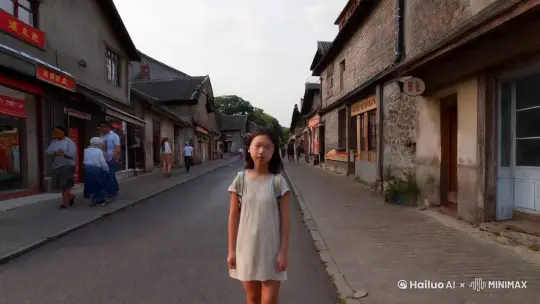 一个穿着朴素的女孩站在街道的一端，背着行囊，眼神坚定，望着前方，走在一个宁静的小镇街道上，街道两边是古旧的建筑，镜头中景平移渐渐拉远，画面自然写实。女孩经过许多家店铺，有几名路人好奇地看着她。然后女孩来到小镇周围的陡峭小山，女孩开始爬山，汗水从她的脸上流下来，镜头转向她的脚印，女孩的身影出现在草丛和树木间。特写女孩的手用力地抓住山顶的一块岩石，镜头从她的手向上拉升，展现出她站在山顶眺望远方的画面，神色开心放松，镜头移向远方，远方是一片辽阔的田野。女孩从山顶下来，走向一条乡间小路，镜头环绕着她，她周围的田园风光，有金黄的麦浪和飞翔的小鸟。女孩来到一条河边，她坐在河边的石头上休息，镜头从她的近景慢慢拉远，展现出整个河岸的景色。休息片刻后，女孩起身，沿着河边继续前行，镜头左右摇移，展示河边不同的景色，有盛开的花朵和捕鱼的渔夫。 最后，女孩来到一座繁华的城市，镜头拉进，她脸上充满期待。 by Hailuo AI Video Generator