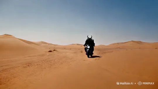 動漫 牛魔王騎摩托車 大漠  遠景近景 by Hailuo AI Video Generator