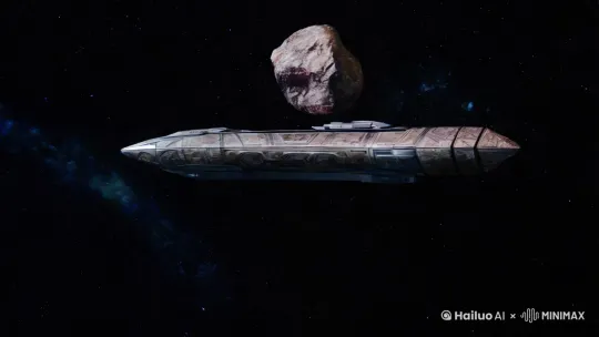 在浩瀚的黑漆漆的宇宙中，一艘像石头的雪茄型宇宙飞船，与前方飞来陨石发生碰撞，电光火石 by Hailuo AI Video Generator