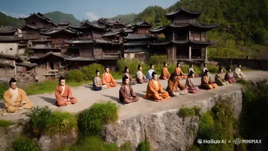 一个荒废的村庄，一群神秘的修仙者在半山崖处盘腿打坐，一个人骑着麒麟从空中飞过，衣着古朴 by Hailuo AI Video Generator