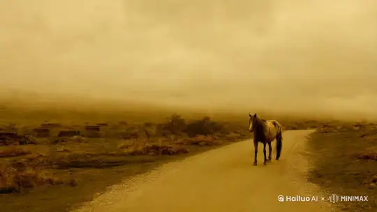 一条古老的道路蜿蜒于旷野之中，西风凛冽吹拂，一匹瘦骨嶙峋的马艰难前行，镜头跟随着马缓缓移动，画面色调苍凉枯黄，氛围萧瑟凄苦。 by Hailuo AI Video Generator