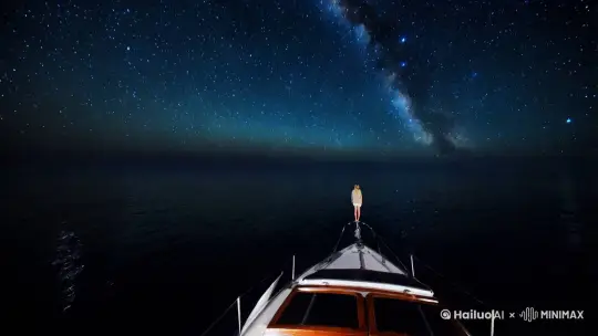 夜晚，海面，一艘帆船上，一个人仰望星空。镜头特写天空繁星。 by Hailuo AI Video Generator