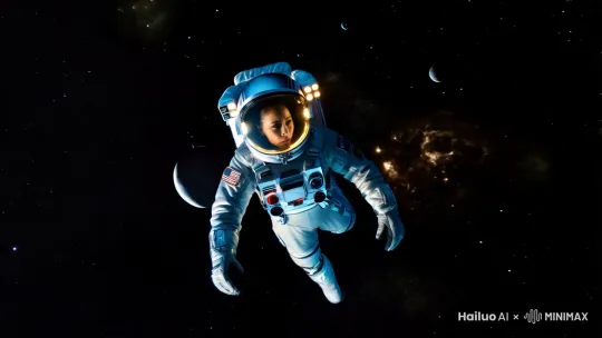 空洞的宇宙中，一名即将失去氧气的宇航员正在努力返回地球 by Hailuo AI Video Generator