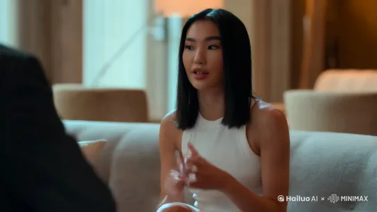 一个漂亮小姐姐，身穿白色背心，坐在房间沙发上说话，手和嘴巴都在动，房间背景是实景，美女身材比例好，胸大 by Hailuo AI Video Generator