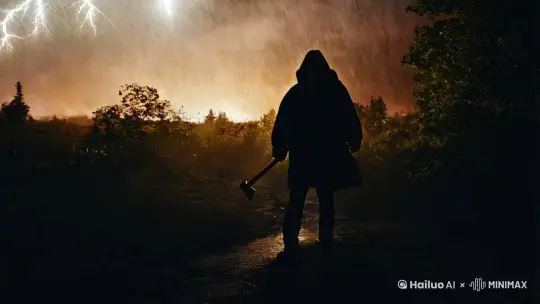 在一个电闪雷鸣的雨夜，一个身穿雨衣手拿斧子的人，慢慢向你走来… by Hailuo AI Video Generator