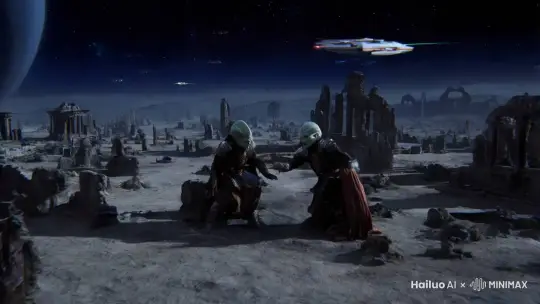 星际大战，破败的战场，两个外星人在对抗，太空中有飞船飞过
 by Hailuo AI Video Generator